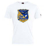 The Gulf Coast Fat Alberts Club Plain Tee by Canterbury by WRS Canterbury is a white cotton blend T-shirt with a blue and yellow shield logo and "Gulf Coast Fat Alberts Rugby"—a customizable top for fans and players alike.