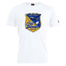 The Gulf Coast Fat Alberts Club Plain Tee by Canterbury by WRS Canterbury is a white cotton blend T-shirt with a blue and yellow shield logo and "Gulf Coast Fat Alberts Rugby"—a customizable top for fans and players alike.