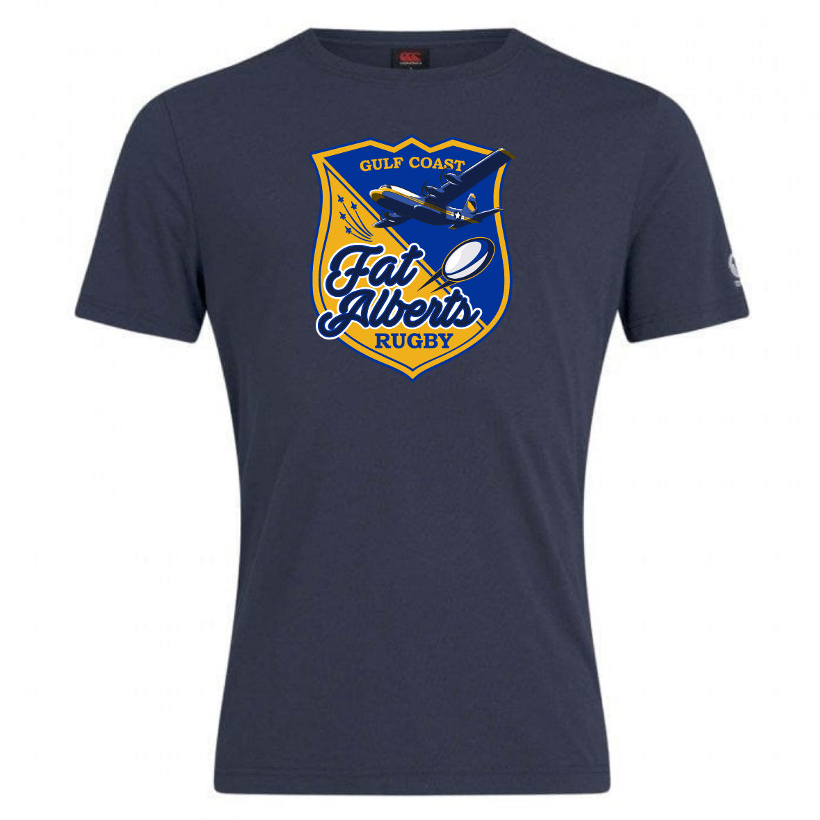 The Gulf Coast Fat Alberts Club Plain Tee by WRS Canterbury is a navy cotton blend t-shirt with a yellow and blue airplane logo. This customizable tee offers comfort and standout style.
