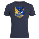The Gulf Coast Fat Alberts Club Plain Tee by WRS Canterbury is a navy cotton blend t-shirt with a yellow and blue airplane logo. This customizable tee offers comfort and standout style.