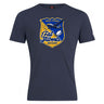 The Gulf Coast Fat Alberts Club Plain Tee by WRS Canterbury is a navy cotton blend t-shirt with a yellow and blue airplane logo. This customizable tee offers comfort and standout style.