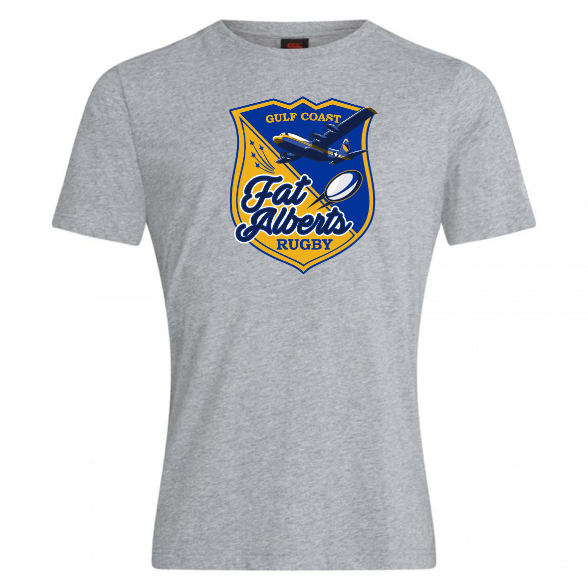 The Gulf Coast Fat Alberts Club Plain Tee by WRS Canterbury is a gray cotton blend shirt featuring a blue and yellow shield logo with a jet, rugby ball, and "Gulf Coast Fat Alberts Rugby" text.