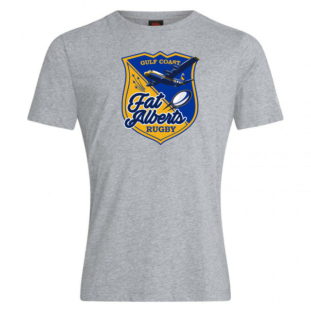 The Gulf Coast Fat Alberts Club Plain Tee by WRS Canterbury is a gray cotton blend shirt featuring a blue and yellow shield logo with a jet, rugby ball, and "Gulf Coast Fat Alberts Rugby" text.