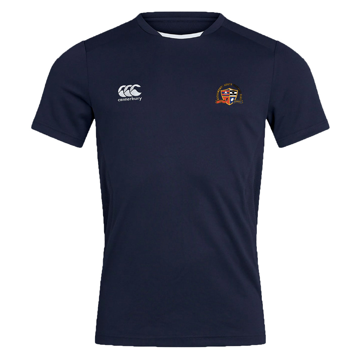 The Sacramento Rugby Football Club Club Dry Tee by EMB Canterbury is a navy short-sleeve shirt with a white Canterbury logo on the right chest, a colorful crest on the left, and Vapodri Technology for breathability.