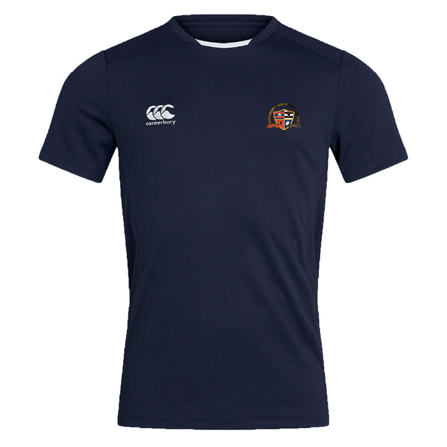 The Sacramento Rugby Football Club Club Dry Tee by EMB Canterbury is a navy short-sleeve shirt with a white Canterbury logo on the right chest, a colorful crest on the left, and Vapodri Technology for breathability.
