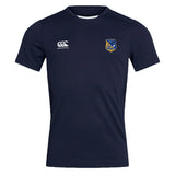 The Gulf Coast Fat Alberts Club Dry Tee by EMB Canterbury is a navy workout shirt with short sleeves, featuring the Canterbury logo on the right chest and club crest on the left, made with Vapodri Technology for breathability and comfort.