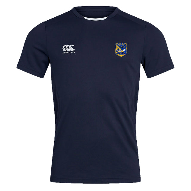 The Gulf Coast Fat Alberts Club Dry Tee by EMB Canterbury is a navy workout shirt with short sleeves, featuring the Canterbury logo on the right chest and club crest on the left, made with Vapodri Technology for breathability and comfort.