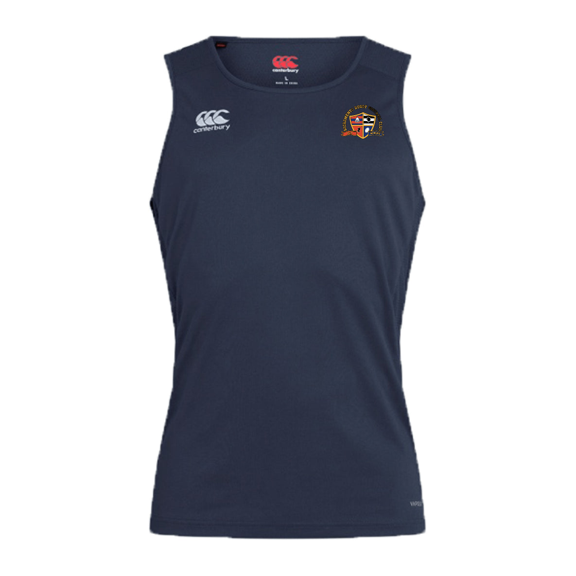 The Sacramento Rugby Football Club Club Dry Singlet by EMB Canterbury is a sleeveless navy top with Vapodri Technology, featuring a white Canterbury logo on the right chest and club crest on the left—perfect for training or competition.