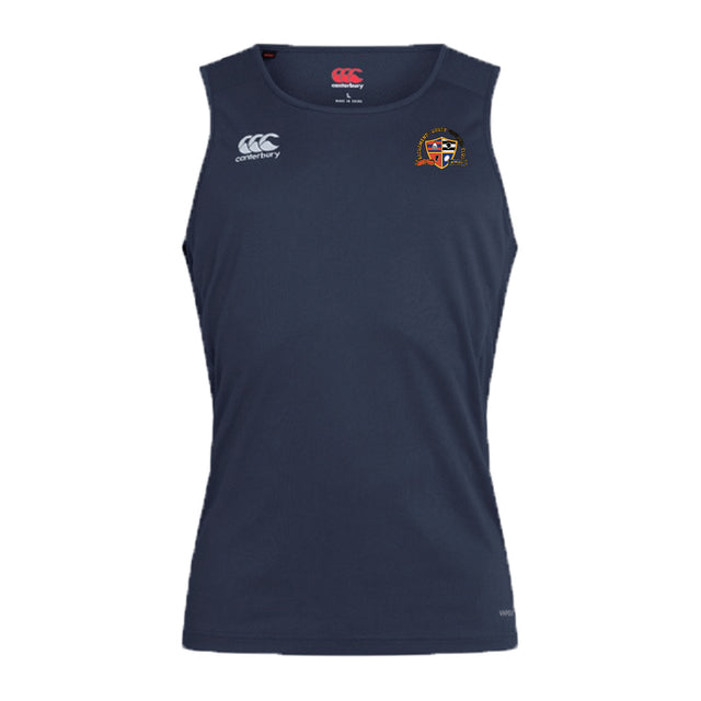 The Sacramento Rugby Football Club Club Dry Singlet by EMB Canterbury is a sleeveless navy top with Vapodri Technology, featuring a white Canterbury logo on the right chest and club crest on the left—perfect for training or competition.