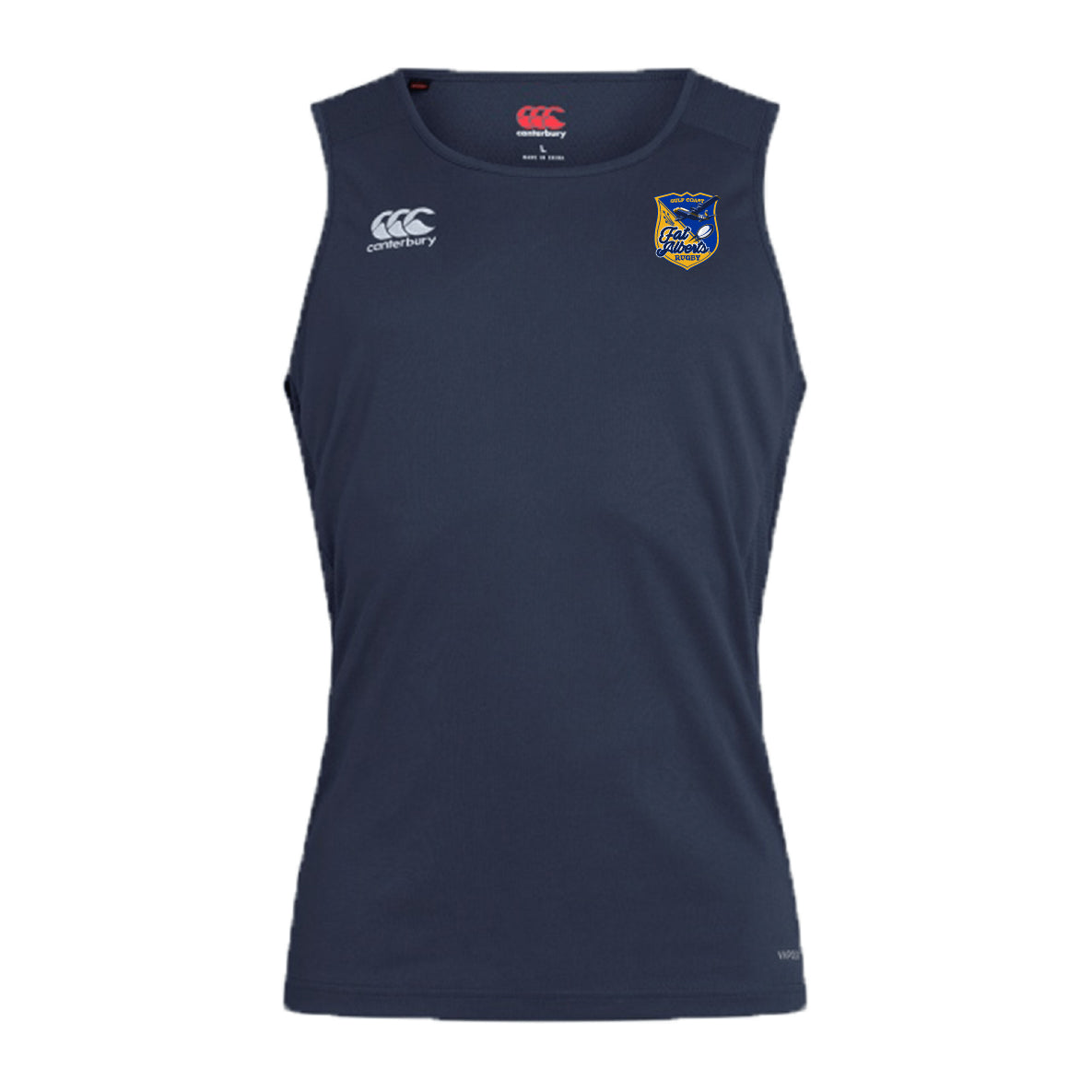 The Gulf Coast Fat Alberts Club Dry Singlet by EMB Canterbury is a sleeveless navy blue athletic top with two chest logos, designed for comfort and performance—ideal for training sessions.