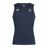 The Gulf Coast Fat Alberts Club Dry Singlet by EMB Canterbury is a sleeveless navy blue athletic top with two chest logos, designed for comfort and performance—ideal for training sessions.