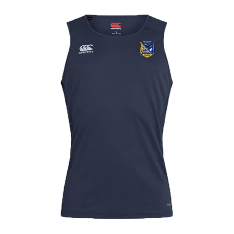 The Gulf Coast Fat Alberts Club Dry Singlet by EMB Canterbury is a sleeveless navy blue athletic top with two chest logos, designed for comfort and performance—ideal for training sessions.