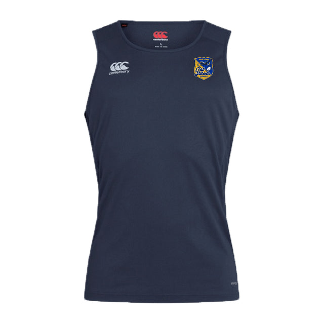 The Gulf Coast Fat Alberts Club Dry Singlet by EMB Canterbury is a sleeveless navy blue athletic top with two chest logos, designed for comfort and performance—ideal for training sessions.