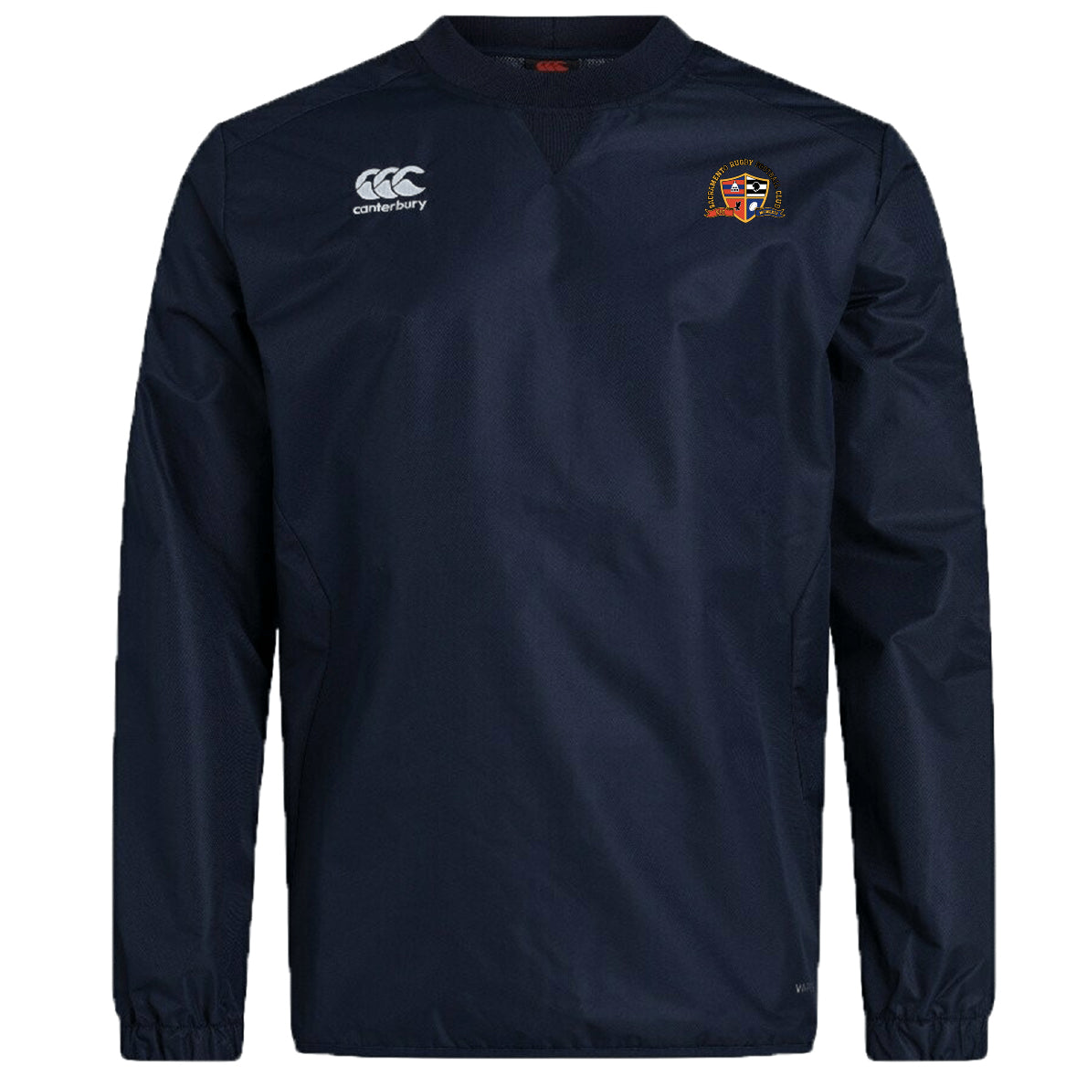 The Sacramento Rugby Football Club Vaposhield Contact Top by EMB Canterbury features navy blue long sleeves, a Canterbury logo on the right chest, a shield-shaped crest on the left chest, and enhanced comfort with Vaposhield technology.