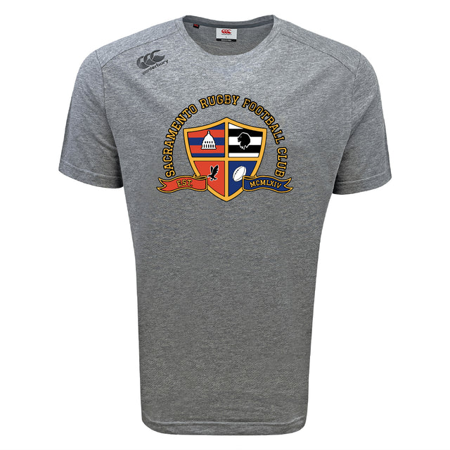 The Sacramento Rugby Football Club Tempo Vapodri T-Shirt by WRS Canterbury features a gray short-sleeve design, club crest and logo on the chest, Canterbury sleeve branding, and moisture-wicking fabric for cool comfort.