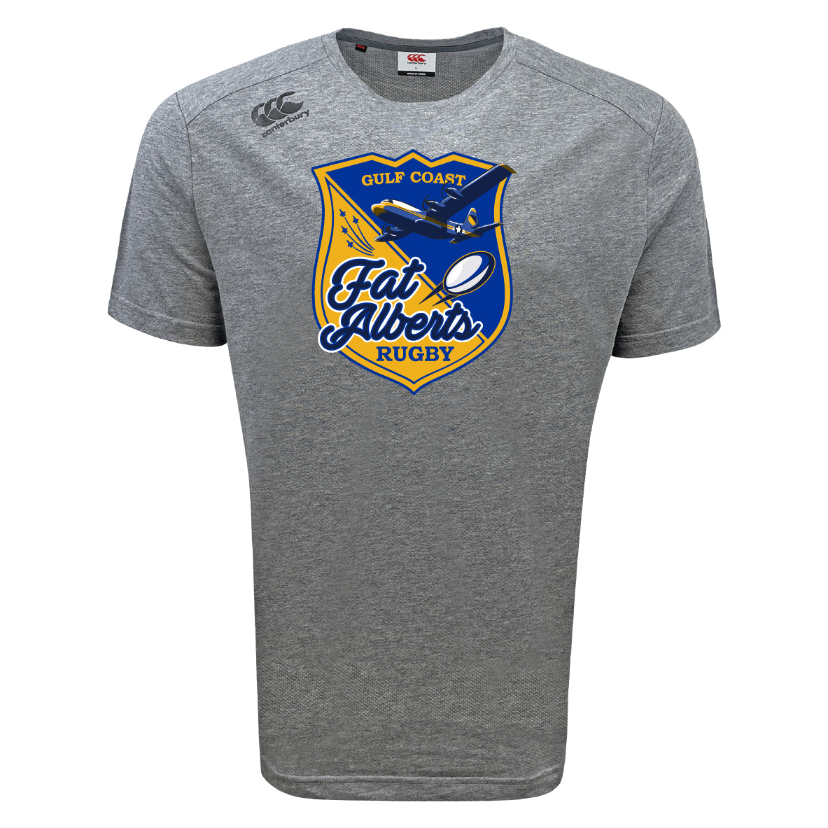 The Gulf Coast Fat Alberts Tempo Vapodri T-Shirt by WRS Canterbury features a "Gulf Coast Fat Albert's Rugby" logo with a blue airplane and rugby ball on the front; made from moisture-wicking fabric for cool, dry comfort.