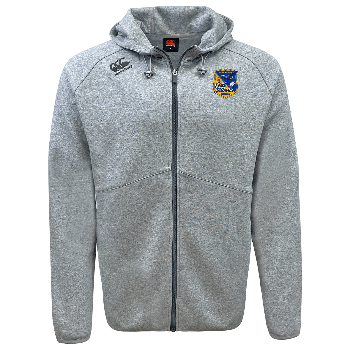 Stay comfortable and stylish all day in the Gulf Coast Fat Alberts Tempo Vapodri Full-Zip Hoodie by EMB Canterbury, featuring light grey fabric, a hood with drawstrings, CCC logo at right chest, and a Lake Albano embroidered patch.