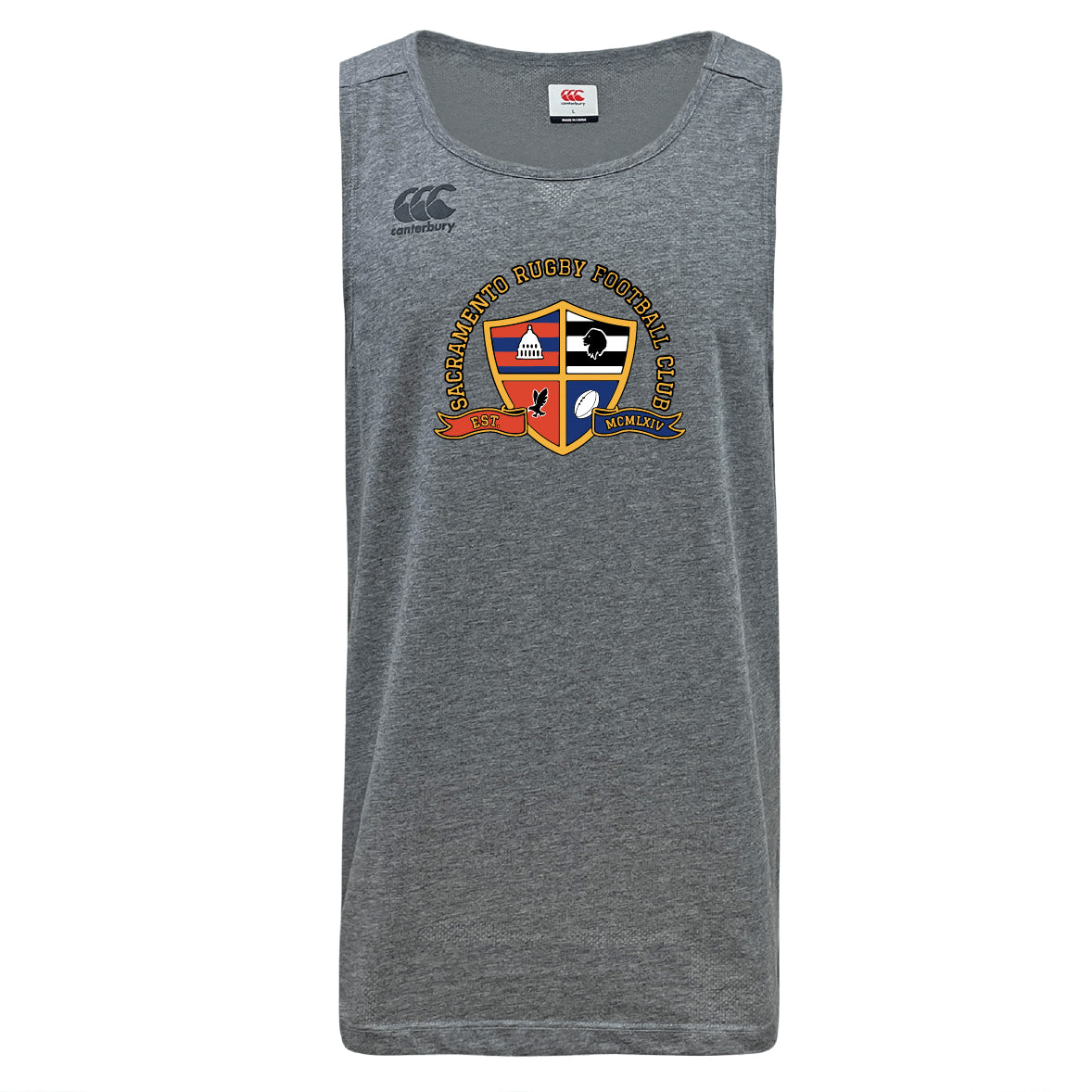 The Sacramento Rugby Football Club Tempo Vapodri Singlet by WRS Canterbury is a gray sleeveless athletic shirt made from recycled polyester, featuring the club’s crest and logo on the front.