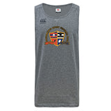 The Sacramento Rugby Football Club Tempo Vapodri Singlet by WRS Canterbury is a gray sleeveless athletic shirt made from recycled polyester, featuring the club’s crest and logo on the front.