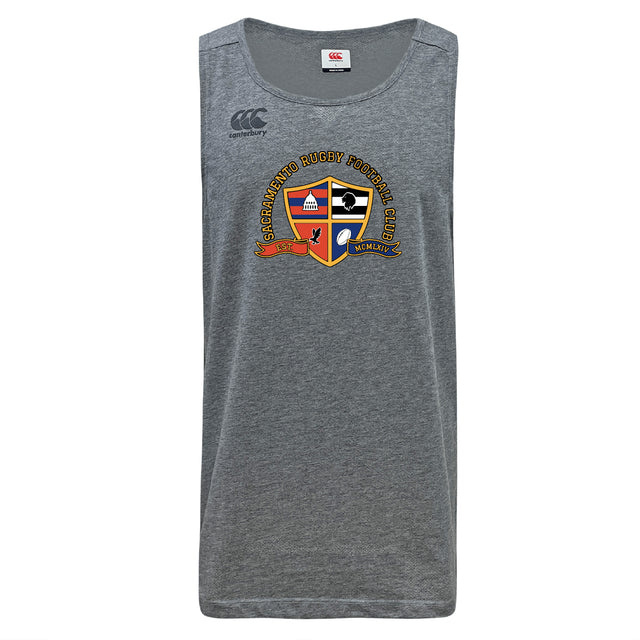 The Sacramento Rugby Football Club Tempo Vapodri Singlet by WRS Canterbury is a gray sleeveless athletic shirt made from recycled polyester, featuring the club’s crest and logo on the front.