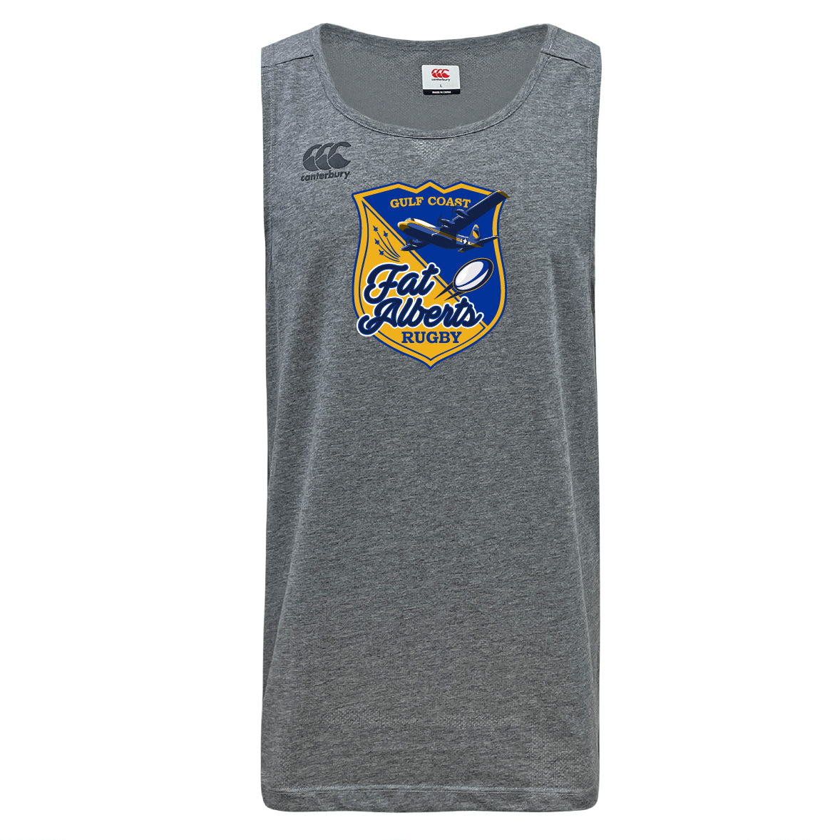 The Gulf Coast Fat Alberts Tempo Vapodri Singlet by WRS Canterbury is a gray recycled polyester sleeveless top featuring a blue airplane and rugby ball logo on the front.