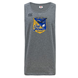 The Gulf Coast Fat Alberts Tempo Vapodri Singlet by WRS Canterbury is a gray recycled polyester sleeveless top featuring a blue airplane and rugby ball logo on the front.
