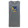 The Gulf Coast Fat Alberts Tempo Vapodri Singlet by WRS Canterbury is a gray recycled polyester sleeveless top featuring a blue airplane and rugby ball logo on the front.