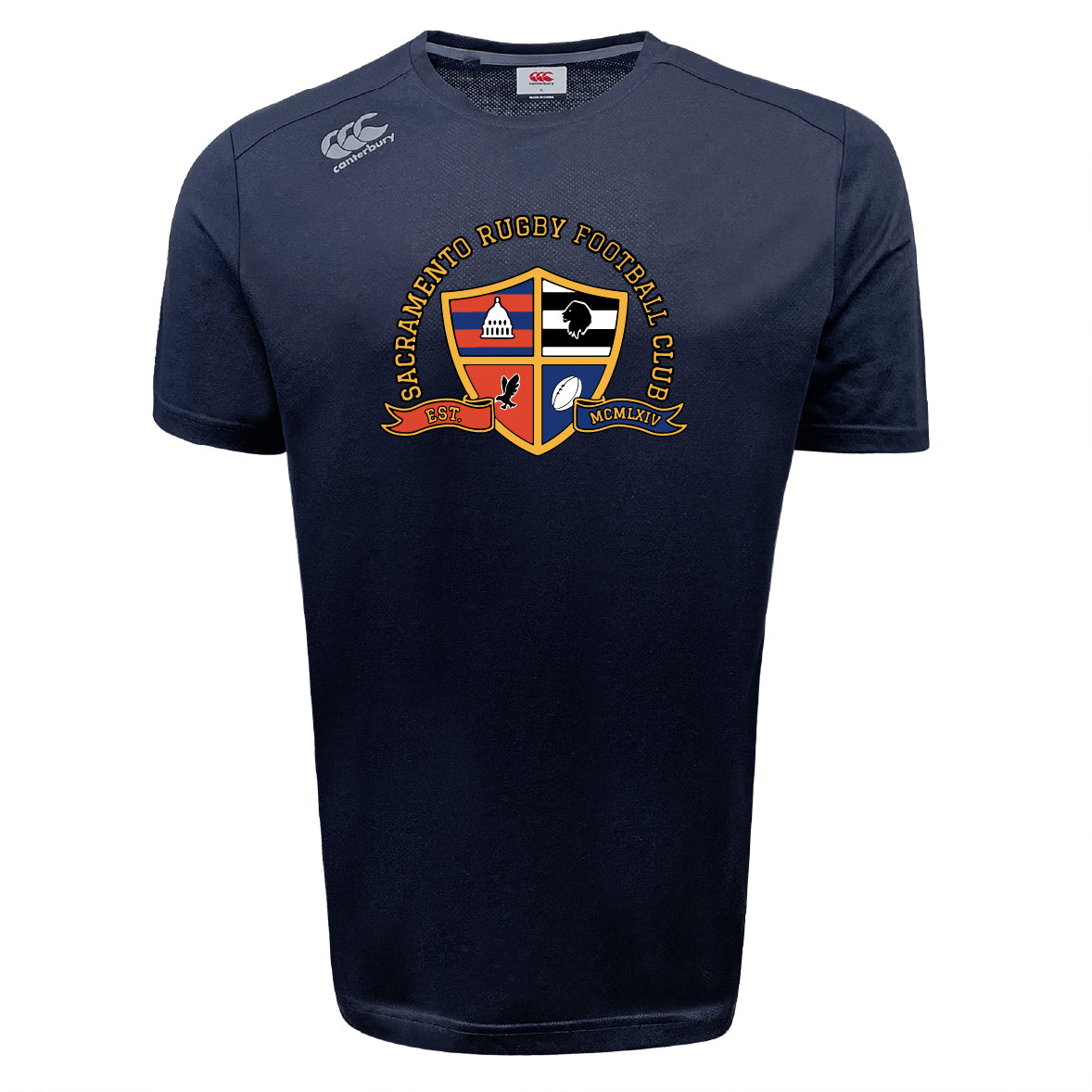 The Sacramento Rugby Football Club Tempo Vapodri T-Shirt by WRS Canterbury is a navy blue, moisture-wicking tee featuring the club crest and logo on the front, with subtle Canterbury branding in a classic sports style.