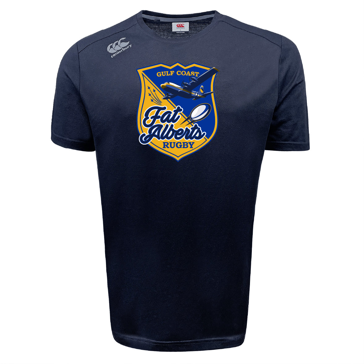 The Gulf Coast Fat Alberts Tempo Vapodri T-Shirt by WRS Canterbury features a rugby ball and plane logo on navy blue, made from moisture-wicking fabric to keep you comfortable on or off the field.