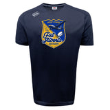 The Gulf Coast Fat Alberts Tempo Vapodri T-Shirt by WRS Canterbury features a rugby ball and plane logo on navy blue, made from moisture-wicking fabric to keep you comfortable on or off the field.