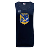 The Gulf Coast Fat Alberts Tempo Vapodri Singlet by WRS Canterbury is a navy rugby tank top made from recycled polyester, featuring a cartoon bird and rugby ball logo on the front.