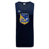 The Gulf Coast Fat Alberts Tempo Vapodri Singlet by WRS Canterbury is a navy rugby tank top made from recycled polyester, featuring a cartoon bird and rugby ball logo on the front.