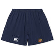 The Sacramento Rugby Football Club Yokohama Short by EMB Canterbury features a navy blue design with an elastic waistband, Canterbury logo on the left leg, and an embroidered crest on the right—ideal for training or game day.