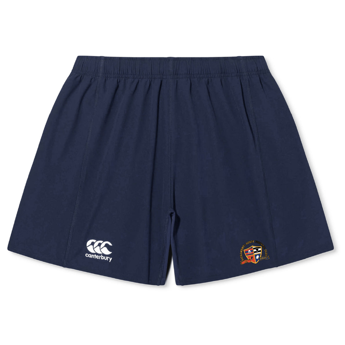 The Sacramento Rugby Football Club Yokohama Short by EMB Canterbury features a navy blue design with an elastic waistband, Canterbury logo on the left leg, and an embroidered crest on the right—ideal for training or game day.