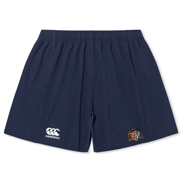 The Sacramento Rugby Football Club Yokohama Short by EMB Canterbury features a navy blue design with an elastic waistband, Canterbury logo on the left leg, and an embroidered crest on the right—ideal for training or game day.
