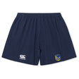 The Gulf Coast Fat Alberts Yokohama Short by EMB Canterbury is a navy blue rugby short with an elastic waistband, featuring the Canterbury logo and a yellow-blue badge patch on the front.