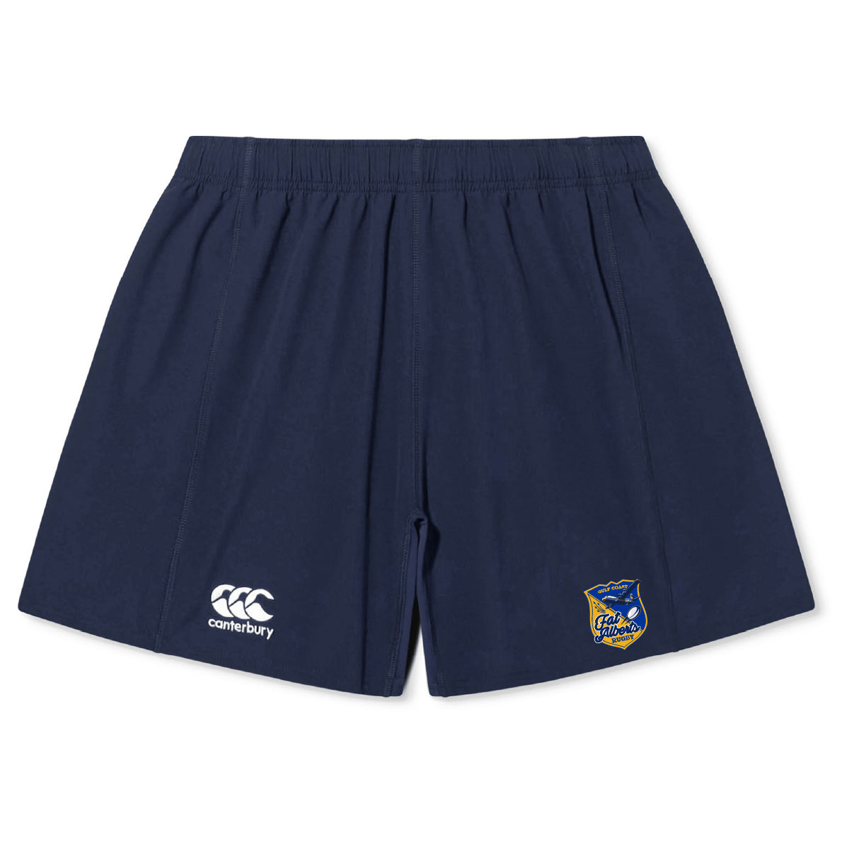 The Gulf Coast Fat Alberts Yokohama Short by EMB Canterbury is a navy blue rugby short with an elastic waistband, featuring the Canterbury logo and a yellow-blue badge patch on the front.