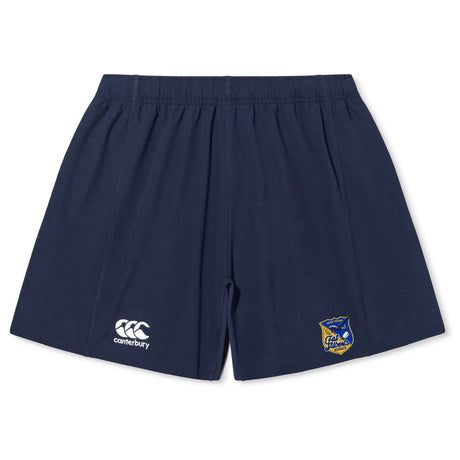 The Gulf Coast Fat Alberts Yokohama Short by EMB Canterbury is a navy blue rugby short with an elastic waistband, featuring the Canterbury logo and a yellow-blue badge patch on the front.