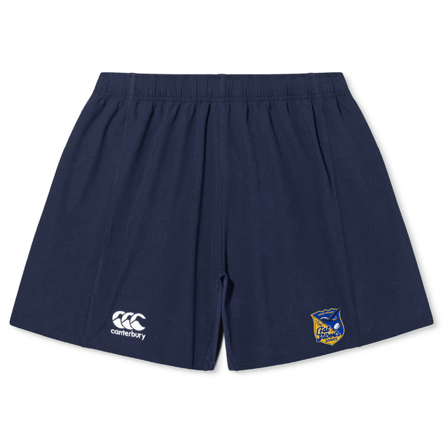 The Gulf Coast Fat Alberts Yokohama Short by EMB Canterbury is a navy blue rugby short with an elastic waistband, featuring the Canterbury logo and a yellow-blue badge patch on the front.