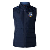 The Gulf Coast Fat Alberts Women's Elite Microlite Gilet by EMB Canterbury features a navy blue design, front zipper, thermoreg fleece for warmth, and a "Falk Falcons" logo patch on the left chest.