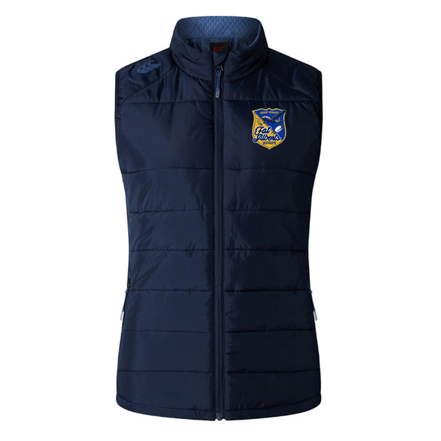 The Gulf Coast Fat Alberts Women's Elite Microlite Gilet by EMB Canterbury features a navy blue design, front zipper, thermoreg fleece for warmth, and a "Falk Falcons" logo patch on the left chest.