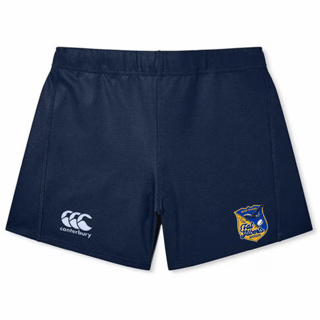 The Gulf Coast Fat Alberts Women's Yokohama Short by EMB Canterbury features navy blue fabric, a white Canterbury logo on the left leg, and a blue and yellow Yokohama team crest on the right leg.