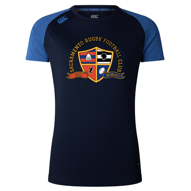 The Sacramento Rugby Football Club Women's Elite Training Tee by WRS Canterbury features a navy blue design with the club crest and "EST. MCMLXIV" text, offering lightweight comfort for workouts and training sessions.