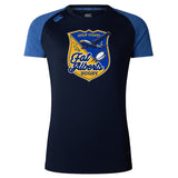 The WRS Canterbury Gulf Coast Fat Alberts Women's Elite Training Tee is a navy short-sleeve top with blue shoulders and a yellow crest featuring a jet, reading “Gulf Coast Fat Alberts Rugby.” Lightweight for comfort during training.