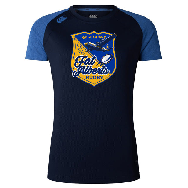The WRS Canterbury Gulf Coast Fat Alberts Women's Elite Training Tee is a navy short-sleeve top with blue shoulders and a yellow crest featuring a jet, reading “Gulf Coast Fat Alberts Rugby.” Lightweight for comfort during training.