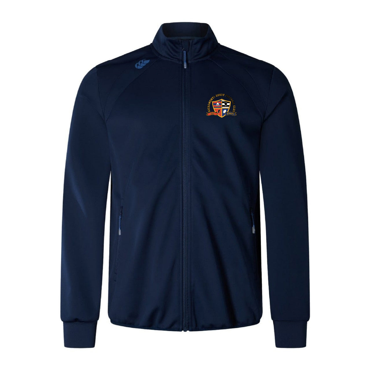 The Sacramento Rugby Football Club Elite Windstopper Jacket by EMB Canterbury features a navy blue design, zip-up front, high collar, embroidered left chest logo, side pockets, and ribbed cuffs.