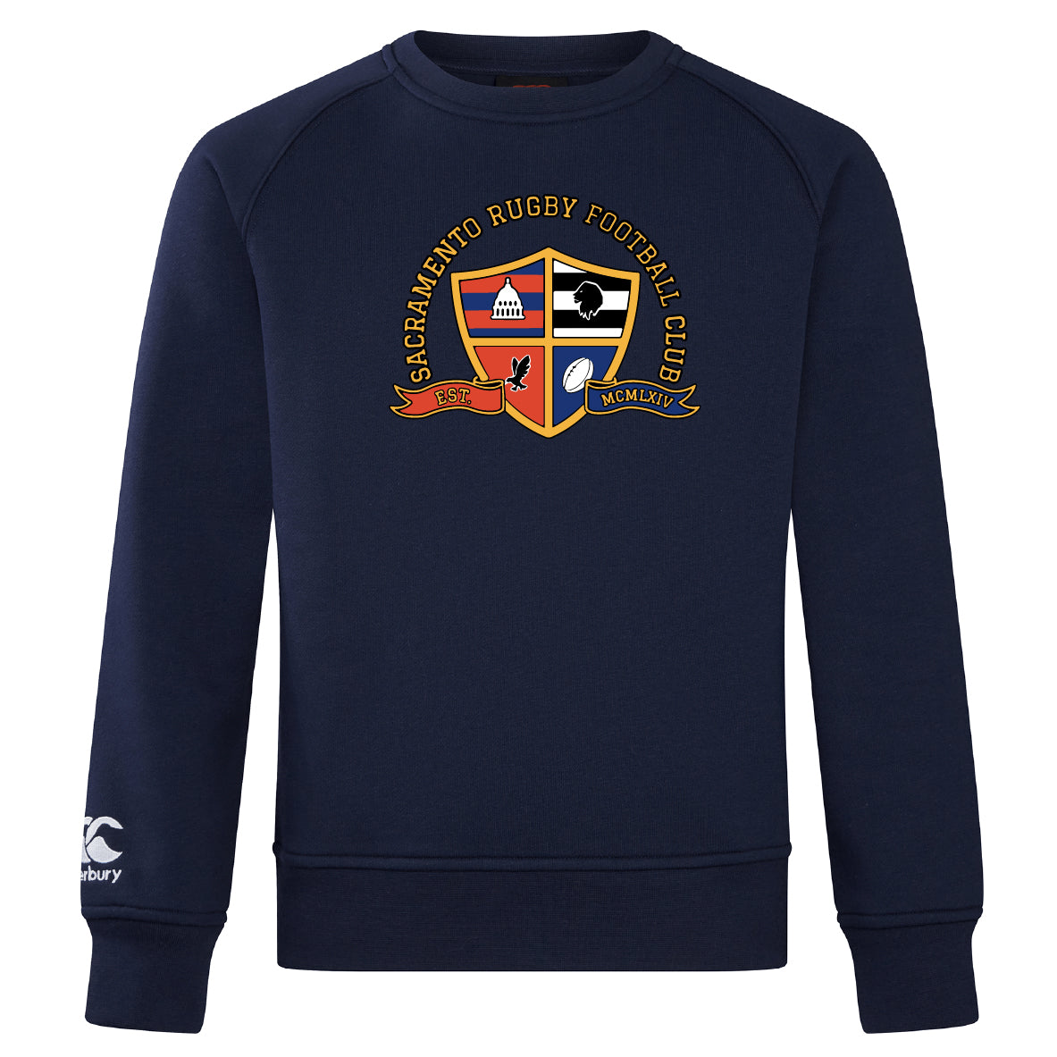 The WRS Canterbury Sacramento Rugby Football Club Crew Sweatshirt is a navy blue, ultra-soft top featuring the club crest on the chest and an embroidered CCC logo on the left sleeve.