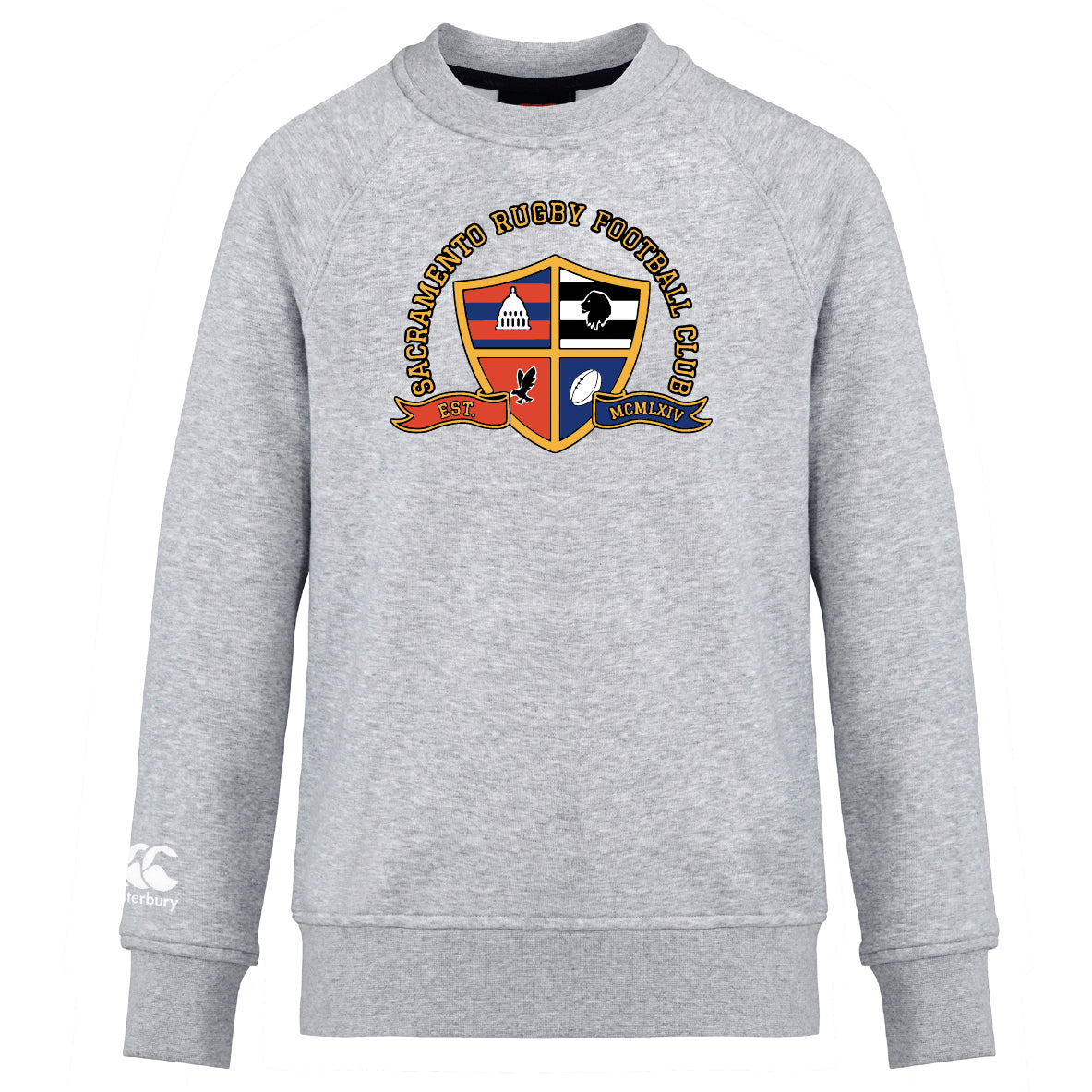 The Sacramento Rugby Football Club Club Crew Sweatshirt by WRS Canterbury features a light gray design with the club crest and embroidered CCC logo on the front center, offering ultra-soft comfort and style for fans.