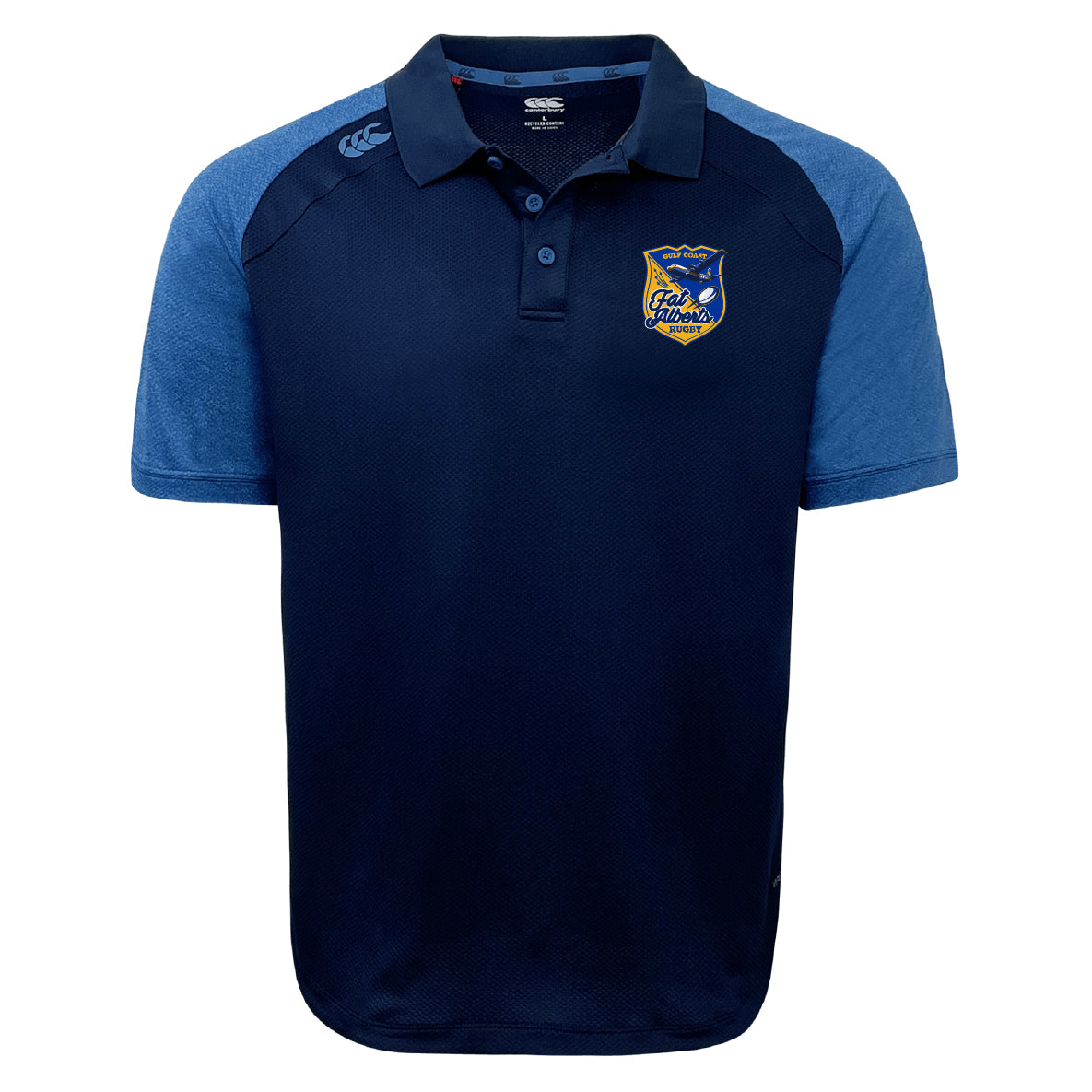 The Gulf Coast Fat Alberts Elite Polo by EMB Canterbury features short sleeves, navy and blue colors, a collar, three buttons, chest crest logo, and “Club Alliance” text. Made from lightweight Vapodri fabric for breathability and comfort.
