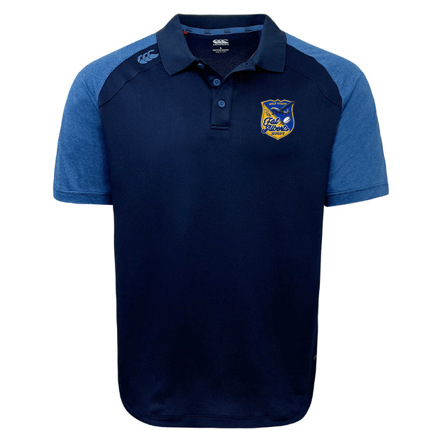 The Gulf Coast Fat Alberts Elite Polo by EMB Canterbury features short sleeves, navy and blue colors, a collar, three buttons, chest crest logo, and “Club Alliance” text. Made from lightweight Vapodri fabric for breathability and comfort.